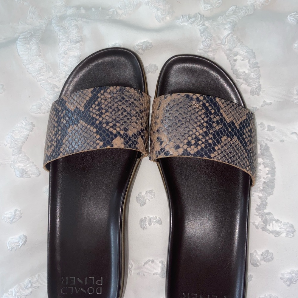 Donald J. Pliner Black and Tan Sandals with Snakeskin Print